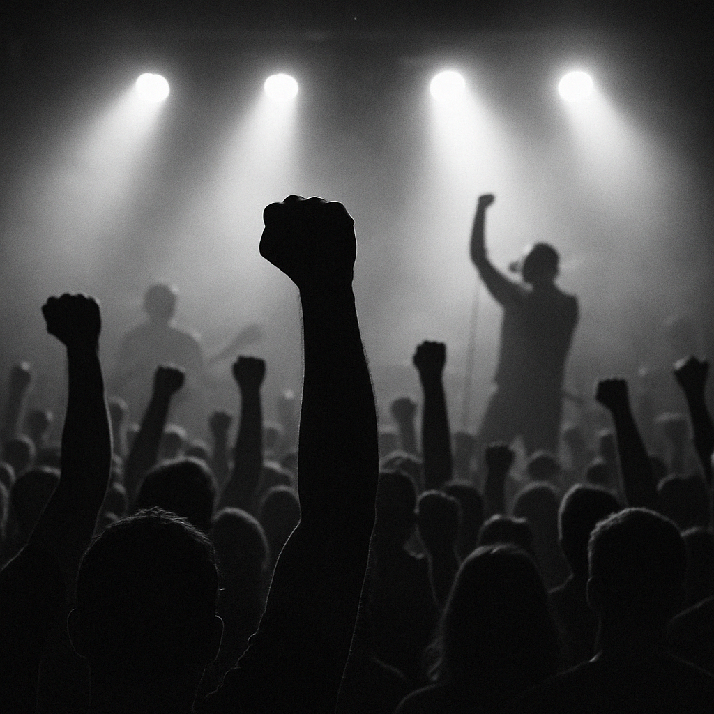 Silhouettes of guitarists performing on a heavy metal stage with dramatic lighting.