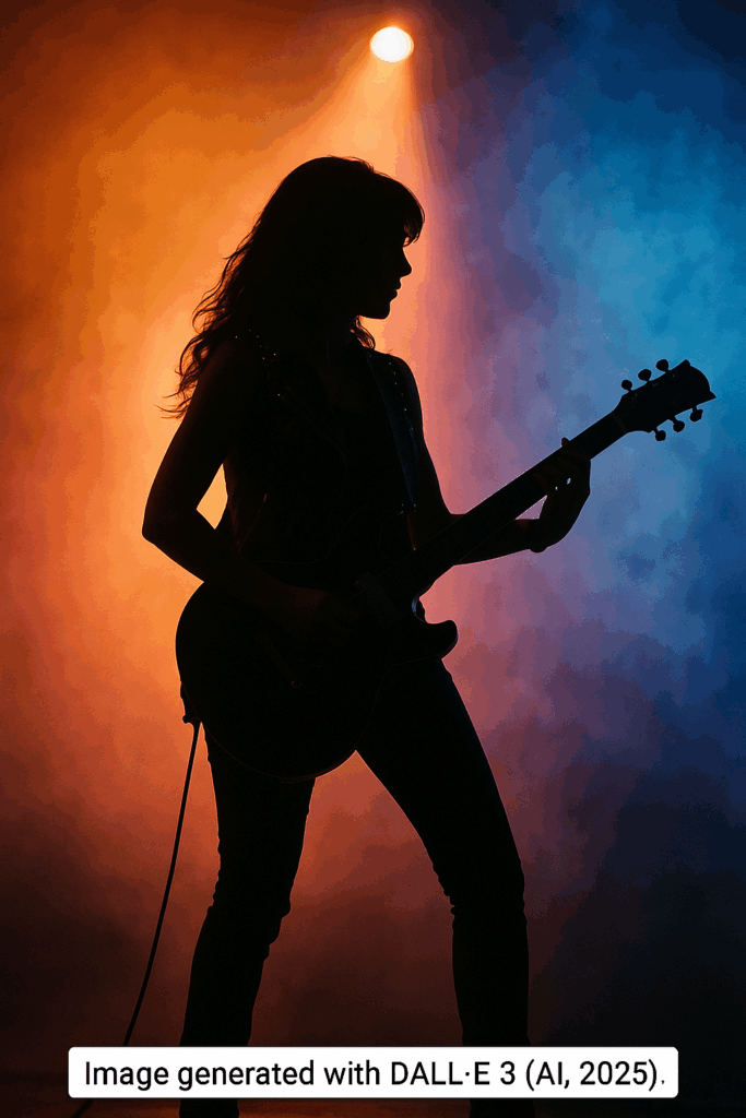 Silhouette of a powerful female guitarist on stage with vibrant colors radiating energy and passion