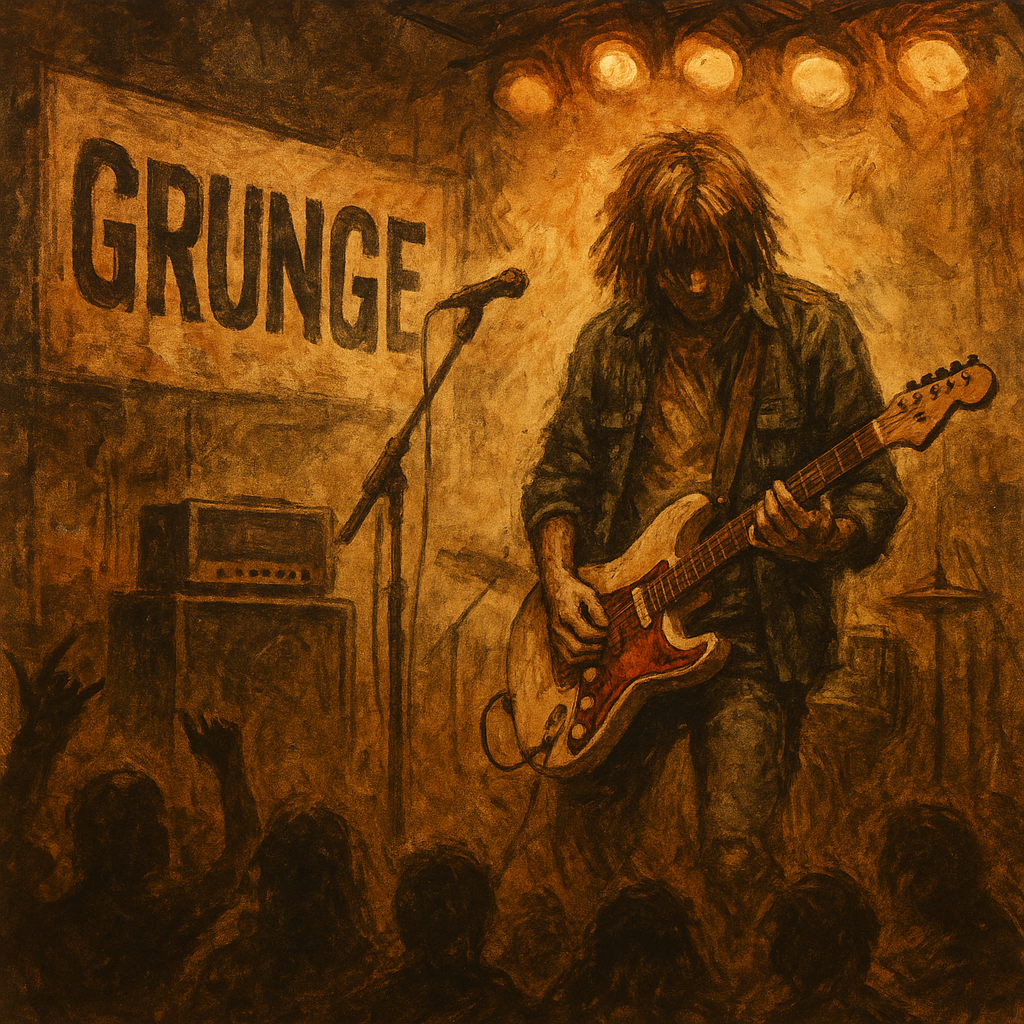 Abstract painting of a grunge guitarist performing on stage, inspired by the 1990s Seattle scene.